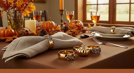 Elegant Thanksgiving Table Setting with Pumpkins and Autumn Leaves.