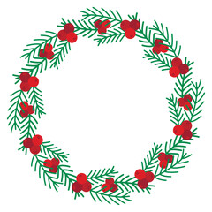 Naklejka premium Winter wreath of spruce branches. Round natural winter frame. Blank template with pine branches and berries for card, invitation, or brochure. Vector element, clip art