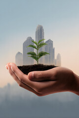 A symbolic image of a hand holding a small plant with a cityscape emerging from it, representing growth and sustainability.