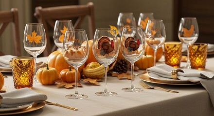 Elegant Thanksgiving Table Setting with Pumpkins and Wine Glasses.