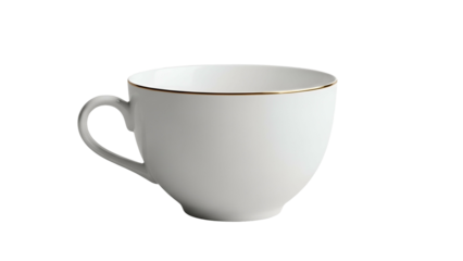 Elegant white porcelain drinking vessel features delicate golden rim detail against a stark black background