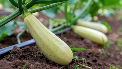 Obraz premium Close-up of yellow zucchini growing horizontally on vine with blurred soil background. Organic vegetables, farming, and garden concept.