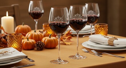 Elegant Thanksgiving Table Setting with Wine and Pumpkins.