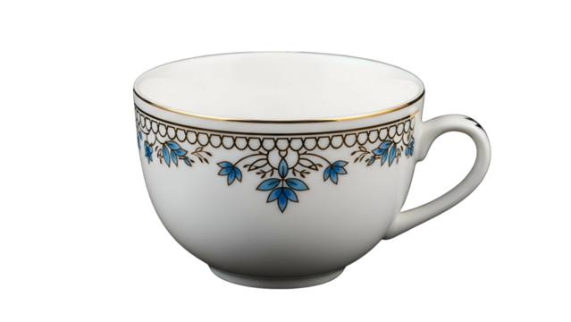Elegant white ceramic teacup adorned with delicate blue and gold ornamentation against a stark black background