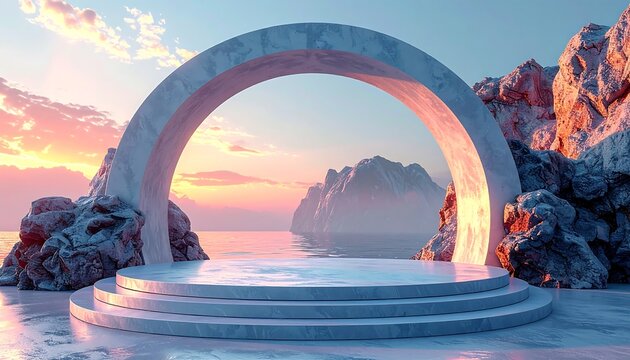 Marble stage arch, facing calm water, rocks, soft sunset hues. Peaceful, serene, and scenic