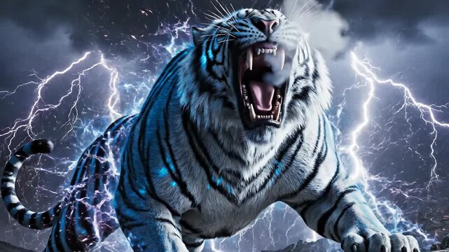 A badass blue and white striped tiger with glowing blue eyes stands fierce on a rocky outcrop, surrounded by electric blue lightning