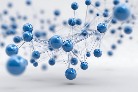 Stunning 3D molecular structure with interconnected blue spheres, ideal for science, technology, or medical concepts, symbolizing innovation, research, and cutting-edge advancements in modern design