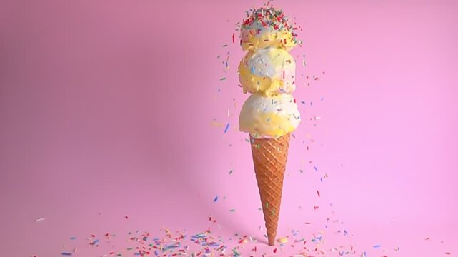 Vibrant ice cream scoops in standing crispy cone, beautifully decorated with multicolored sprinkles, set against lovely pink background perfect for dessert lovers, copy space, super slow motion