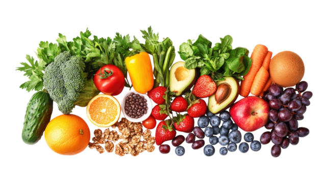 Assorted Fruits Vegetables Nuts and Berries isolated on a transparent background - Powered by Adobe