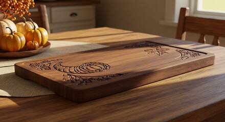 Elegant Wooden Tray with Intricate Carvings on a Rustic Table.