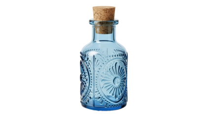Small antique style blue glass bottle sealed with a natural cork stopper