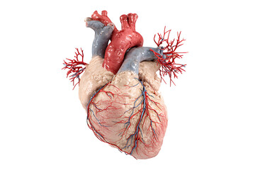 Detailed human heart anatomy for medical education and research showcasing coronary arteries and cardiac structure, ideal for healthcare marketing and anatomical study guides, precise detail
