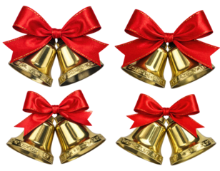 Four pairs of gold bells with intricate designs and red ribbon bows against black