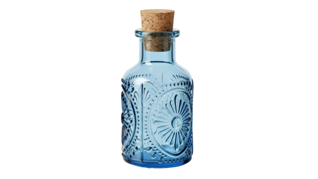 Small antique style blue glass bottle sealed with a natural cork stopper