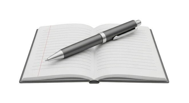Open Lined Notebook With Gray Ballpoint Pen On White Background writing isolated on a transparent background