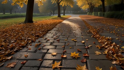 A serene park pathway covered in golden autumn leaves, illuminated by warm sunlight, capturing the peaceful essence of fall.