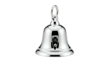 Highly polished metallic pendant shaped like a small bell hangs isolated against a dark background.