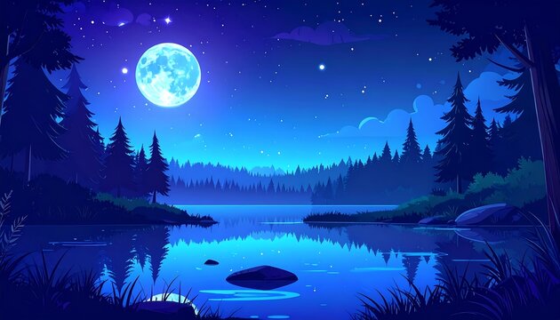 Night scene over a calm lake, moon reflects in water, with trees silhouetted against a starry, deep blue sky