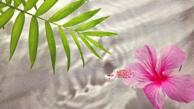 Relaxing water scene showcases hibiscus flowers and palm tree leaves, casting whimsical shadows and drops over sandy background, embodying beauty and tranquility in slow motion