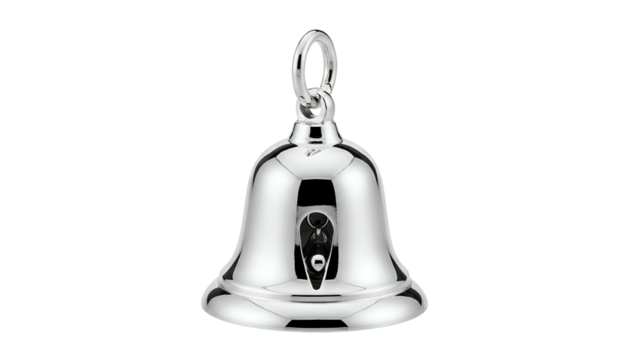 Highly polished metallic pendant shaped like a small bell hangs isolated against a dark background.