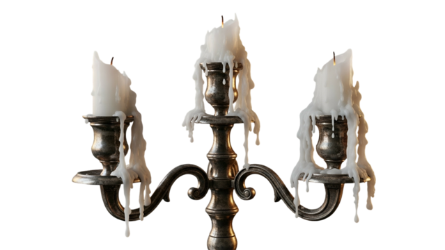 Ornate metal candelabra holds three white candles heavily coated in dripping, melted wax against a dark background