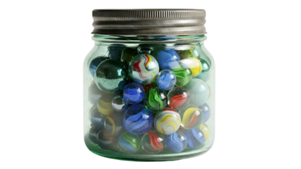 Assortment of colorful glass spheres fills a transparent container with a metal lid