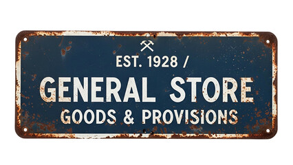 Vintage rusted metal placard advertises a historical retail establishment.
