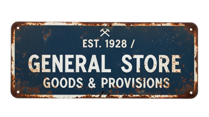 Vintage rusted metal placard advertises a historical retail establishment.