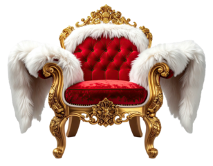 Ornate golden throne, red velvet seat, white fur, regal and luxurious