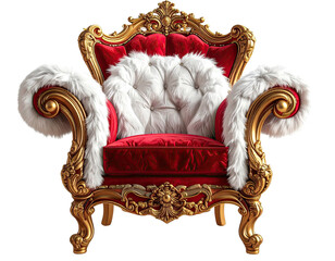 Ornate, red and gold armchair with white fur trim, evoking Christmas spirit
