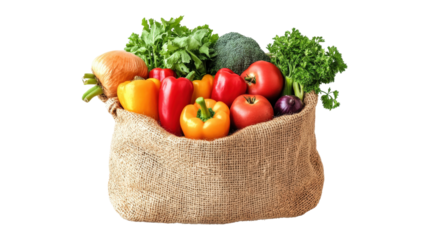 Burlap bag overflowing with fresh vegetables isolated on a transparent background