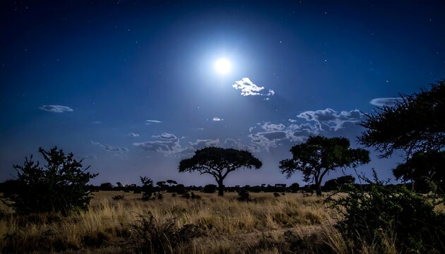 Night scene with a full moon over a grassy field and silhouettes of trees under a dark blue, starry sky