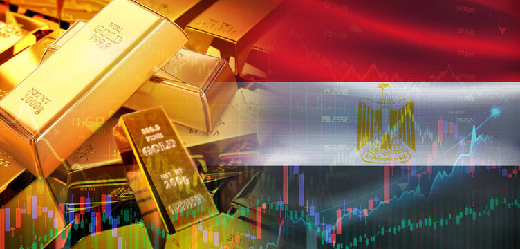 Gold bars stacked on Egyptian flag. Egypt gold reserves, Concept