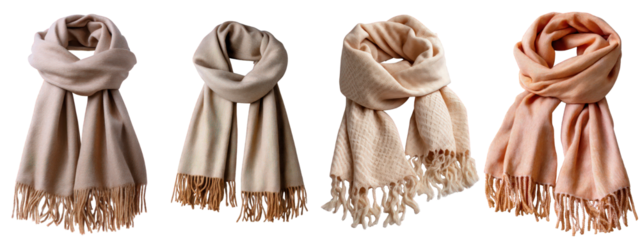 Four soft, warm, luxurious scarves, draped with fringed ends, in versatile neutral tones for sophisticated autumn and winter fashion