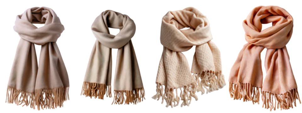 Four soft, warm, luxurious scarves, draped with fringed ends, in versatile neutral tones for sophisticated autumn and winter fashion