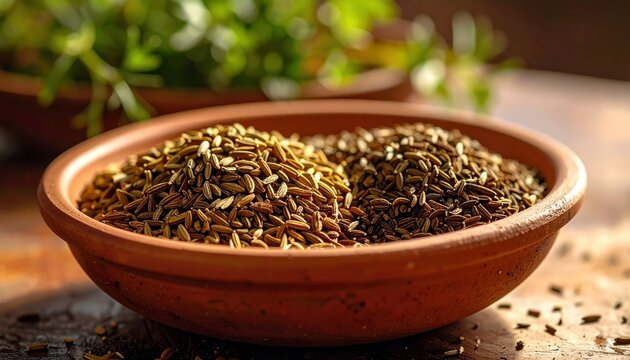 Brown bowl filled with cumin and carom seeds