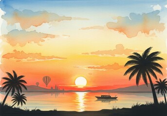 Vibrant watercolor sunset over tropical ocean with palm trees and distant hot air balloons