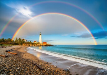 Majestic double rainbow arches over a serene beach with a distant lighthouse