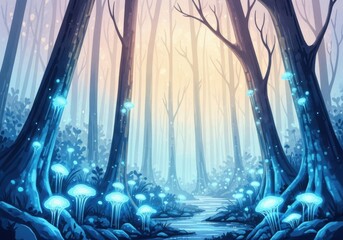 Enchanting forest scene with glowing bioluminescent mushrooms and ethereal light filtering through trees