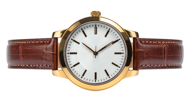 Classic analog wristwatch featuring a gold tone casing and brown textured strap is isolated against a deep black background.