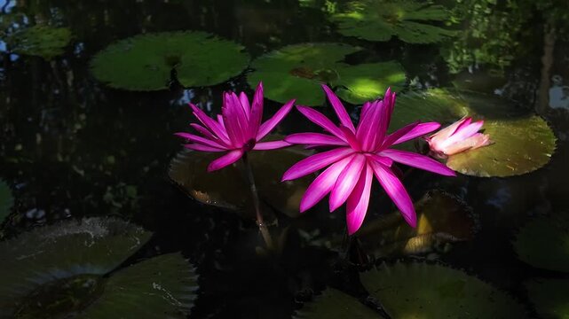 Close  up view of dazzling red  lotus blossoms floating elegantly on calm water surface, showcasing colorful aquatic flora in tranquil setting
