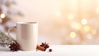 クリームからアイボリーへと溶ける冬のグラデーション背景に、スパイスが浮かぶホットワインのマグ。やわらかな光が漂い、温かく心地よいフェスティブな雰囲気を演出。冬