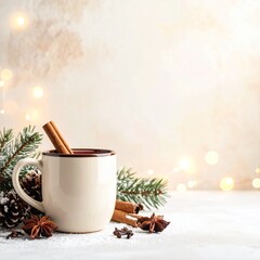 クリームからアイボリーへと溶ける冬のグラデーション背景に、スパイスが浮かぶホットワインのマグ。やわらかな光が漂い、温かく心地よいフェスティブな雰囲気を演出。冬