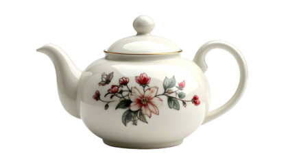 Elegant ceramic beverage server displays intricate floral decoration against a dark background