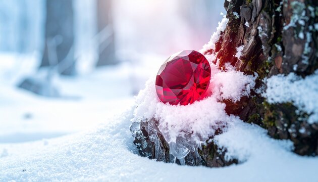 凍てついた森の中、氷に覆われた木の幹に大きなルビーが埋め込まれている。紅い光が雪を溶かし、蒼い霧が幻想的な雰囲気を包み込む。