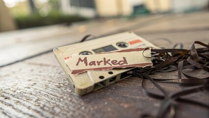 Cassette tape with torn label marked Marked on a wooden surface