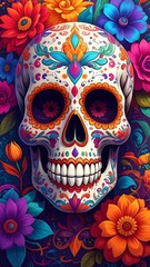 Vibrant Day of the Dead Skull A Celebration of Life and Remembrance Amidst Floral Beauty
