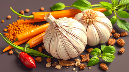 Fresh garlic and red chili pepper vector illustration logo design, perfect for organic food branding, restaurant identity, spicy seasoning product packaging, natural culinary business, and healthy kit