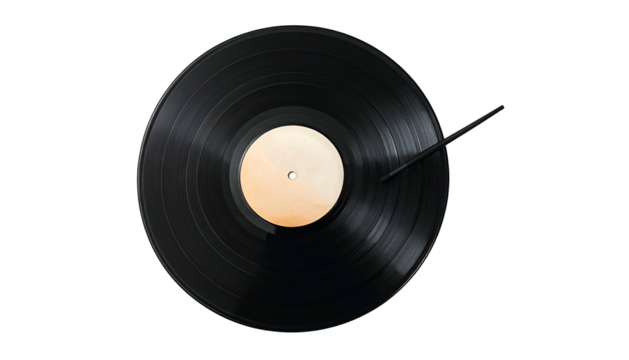 Vinyl record rests ready for play against a solid black background