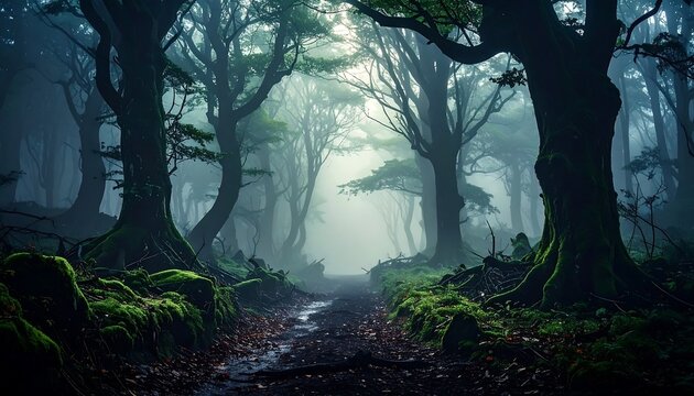 Misty path winds through a dense, moss-covered forest with towering trees under an ethereal foggy canopy